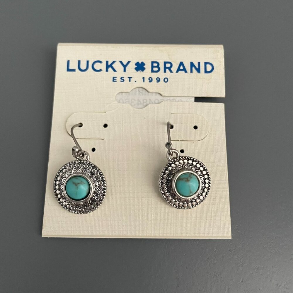 Lucky Brand Silver Tone Turquoise Drop Earrings Southwestern Vibes Boho Matte